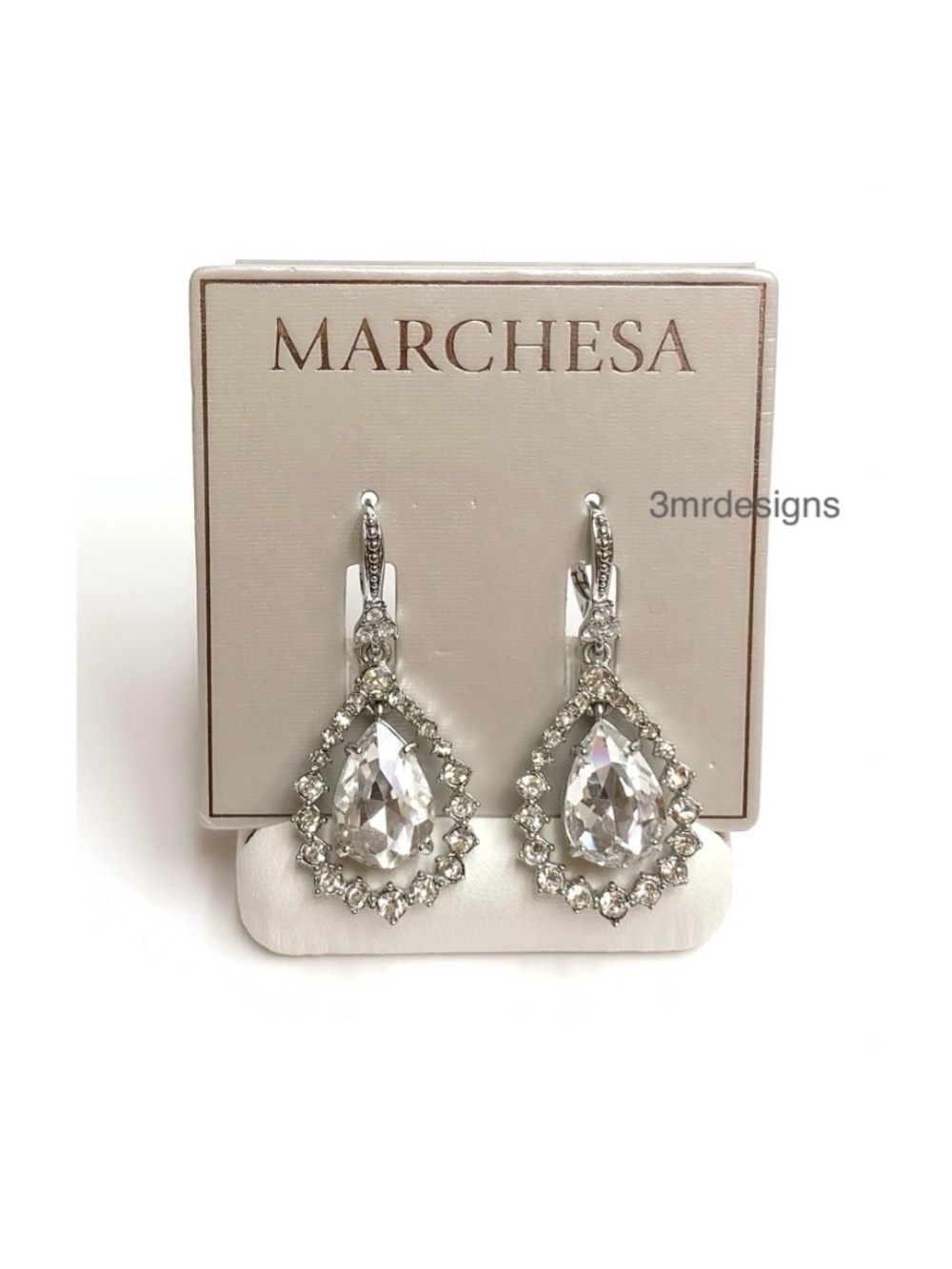 NWT MARCHESA Teardrop Silver Tone Pave Crystal Sparkle Drop Earrings